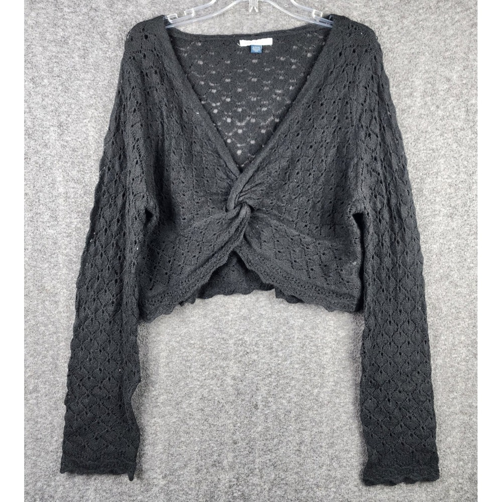 American Eagle Sweater Womens XL Black Twist Front Cropped Open Knit EUC